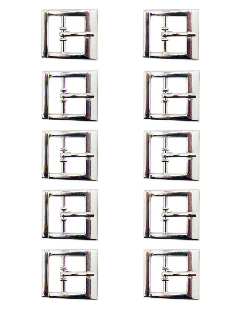 Polished silver tone shoe buckle with slider bar on a white background