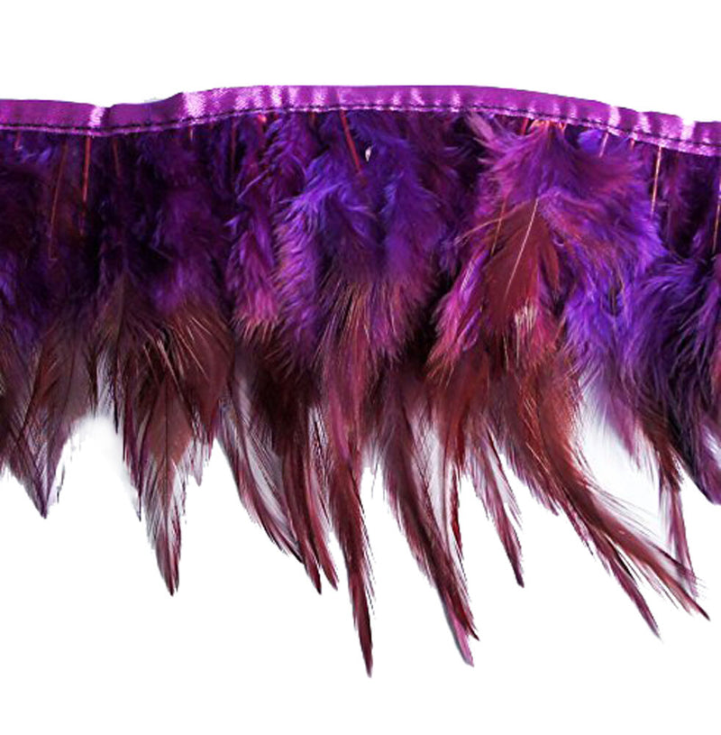 Close-up of purple natural rooster feather fringe trim
