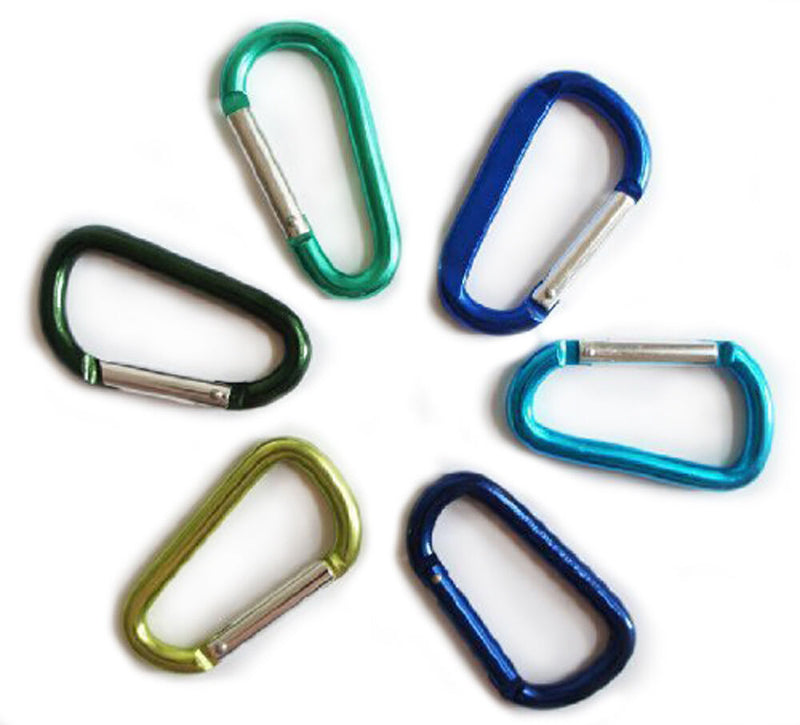 Set of 6 carabiner spring snap link hooks in various colours.