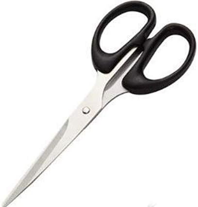 Pair of 160mm home and office scissors on a wooden table.
