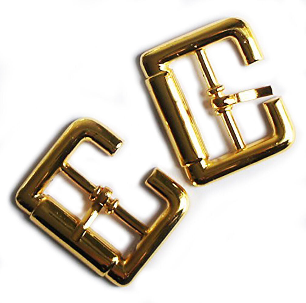 Close-up of gunmetal tone shoe buckle, 23mm size.