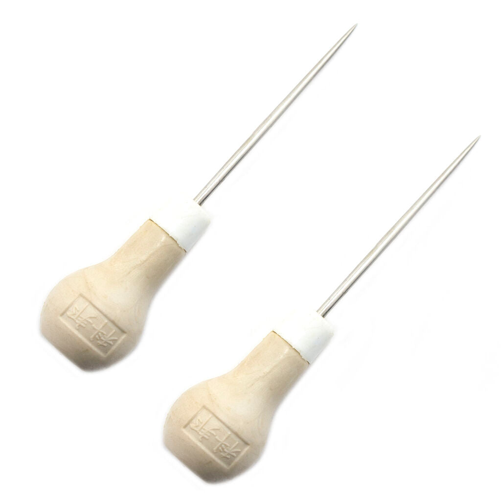 Two plastic le clickers awls, 10 cm in length, on a white background.
