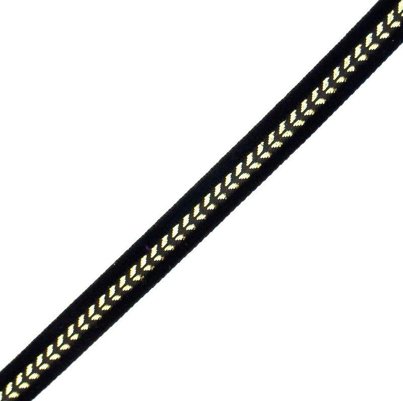 Elegant black and gold velvet ribbon trim, 10mm wide.
