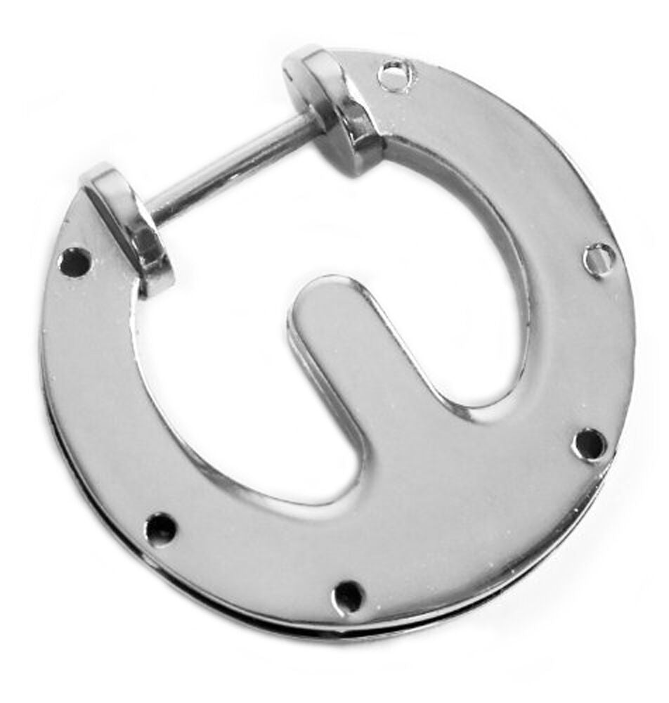 Polished silver tone round handbag buckle on a white background.