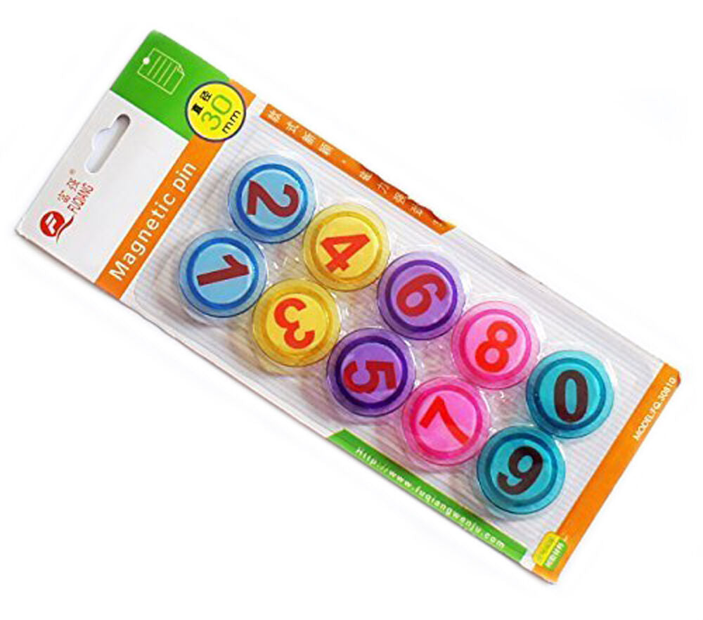 Assorted magnetic numbers 0-9 displayed on a white background