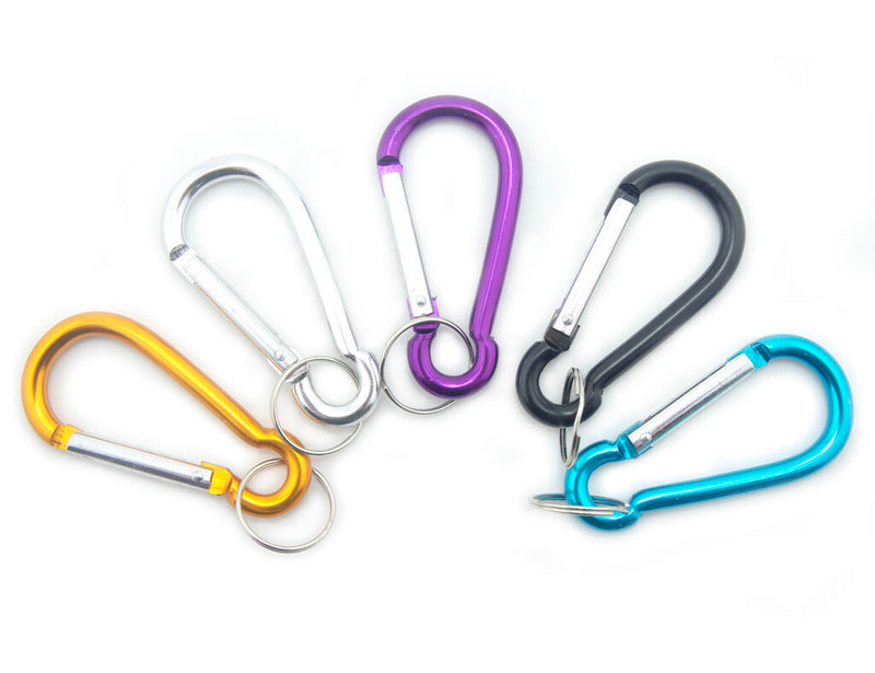 Five assorted carabiner spring snap link hooks in various colours.