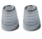 Two Slip-Stop silver finger tip thimbles displayed on a white background.