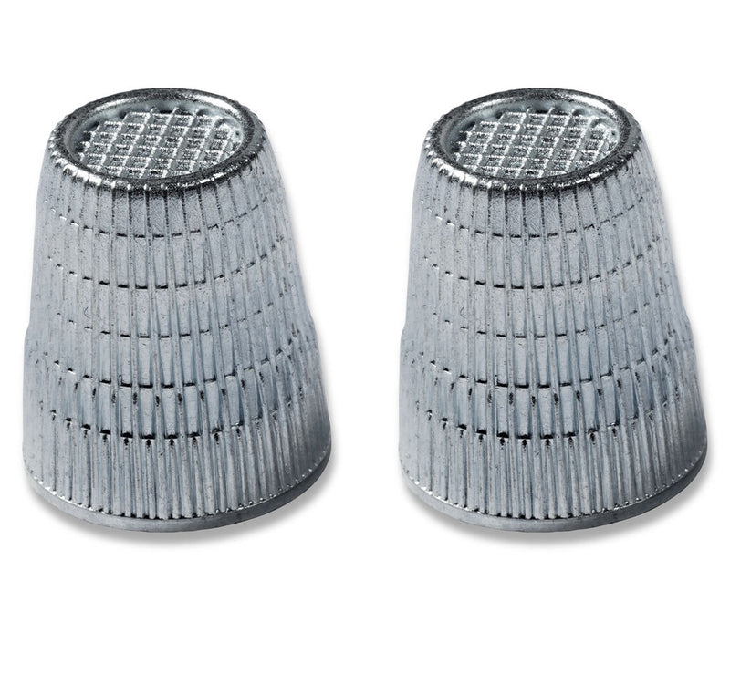 Two Slip-Stop silver finger tip thimbles displayed on a white background.