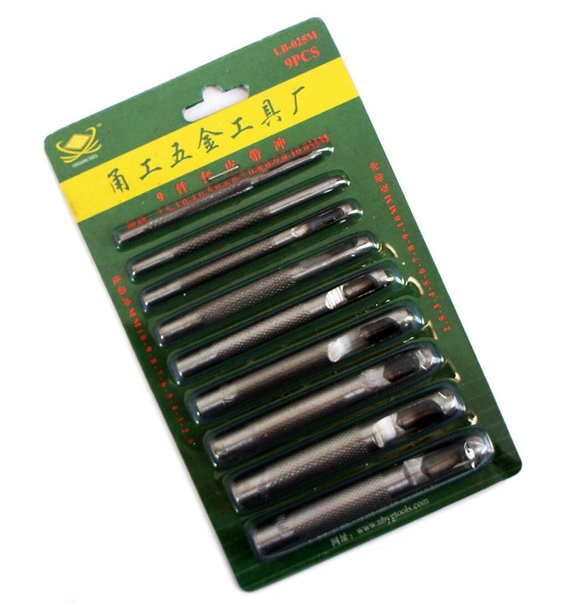 Set of 9 round hole leather craft eyelet hollow punches in various sizes.