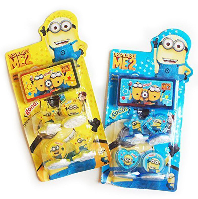 Despicable Me 2 Minion rubber stamps arranged on a table