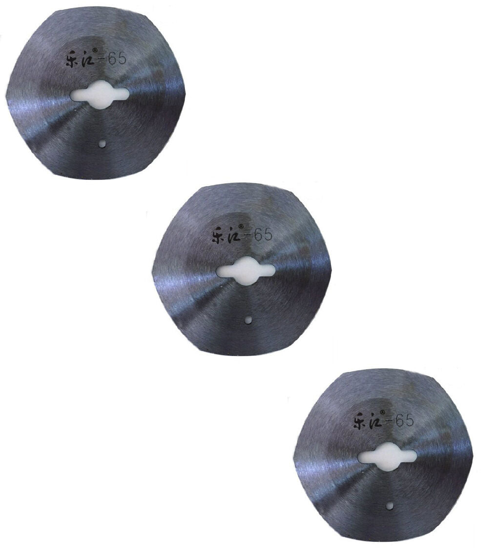 Three 65 mm electric rotary cutter blades for fabric cutting
