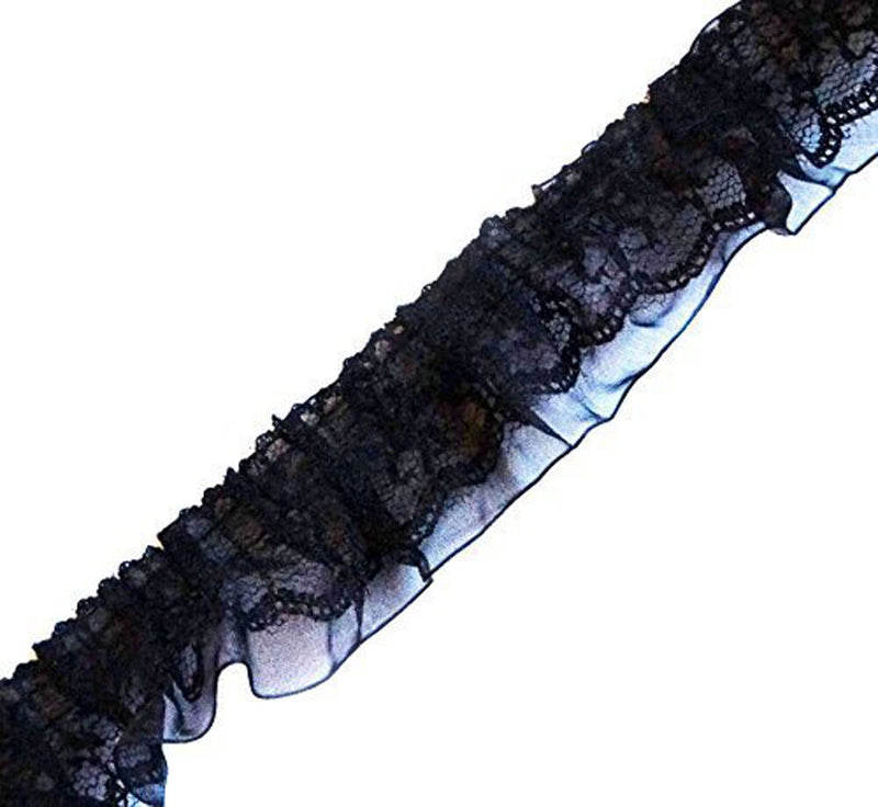 Black decorative nylon ruffle trim with lace detail
