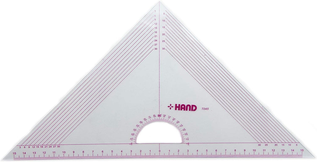 Close-up of the clear markings on the set square ruler