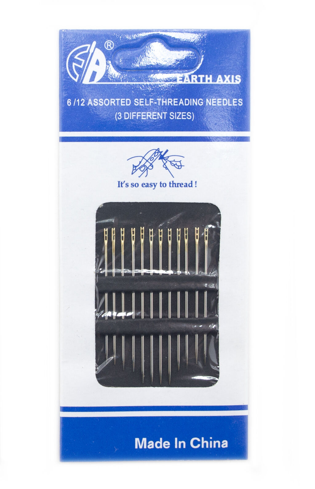 Pack of assorted sewing needles in various sizes on display.