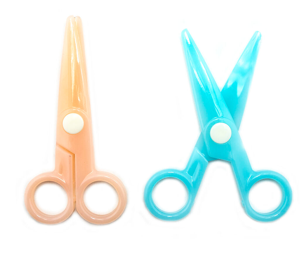 Two pairs of children's safety plastic scissors in assorted colours.