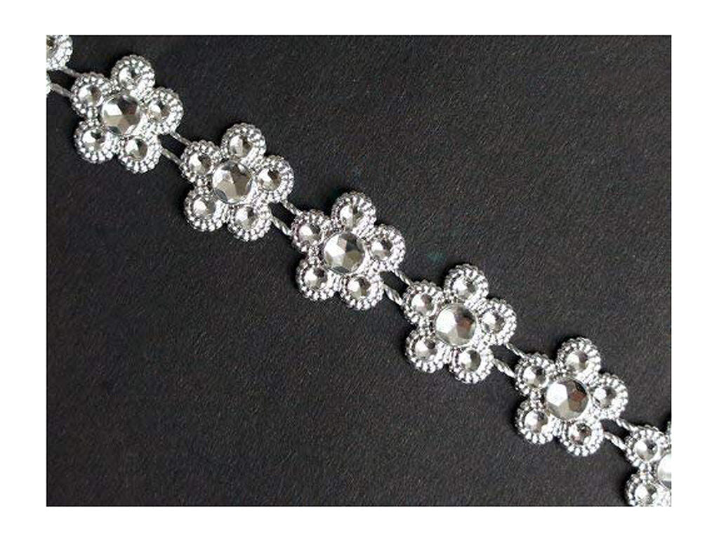 Pretty silver flowers trim displayed on a white background.