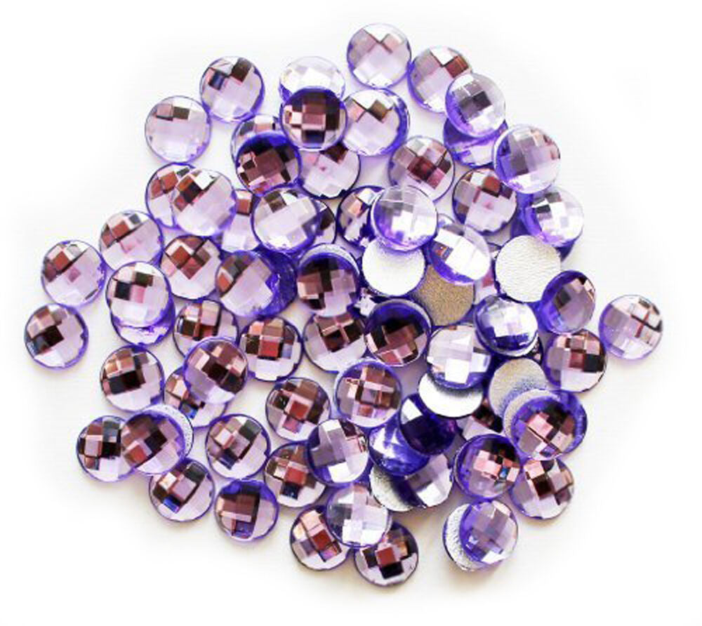 Pack of purple round hotfix diamante gems, 12mm size.