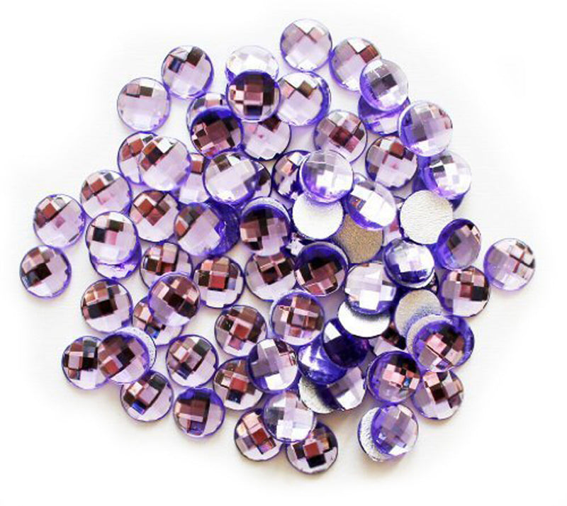 Pack of purple round hotfix diamante gems, 12mm size.