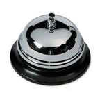 Nickel plated call bell with a shiny finish on a black base.