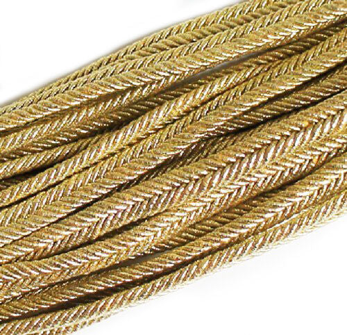 Gold metallic plait cord trim, 10mm wide, 9 metres long.