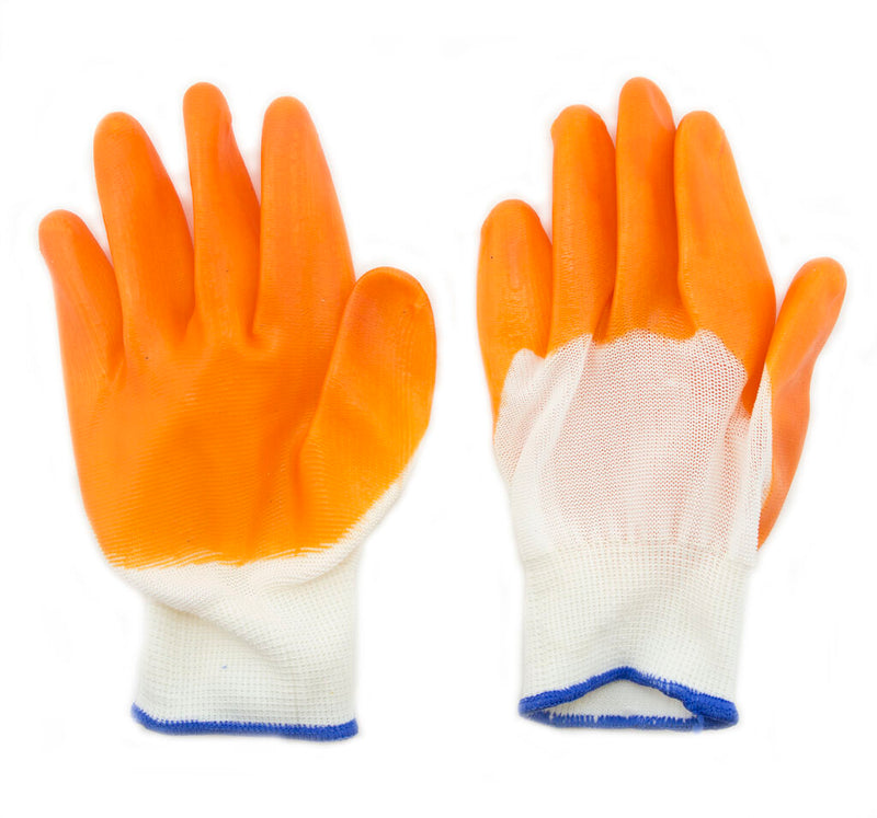 Three pairs of orange rubber grip gardening gloves displayed.