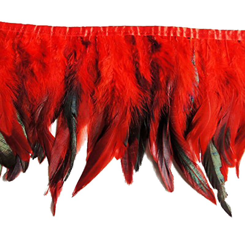 Flame red natural rooster feather fringe on a trim