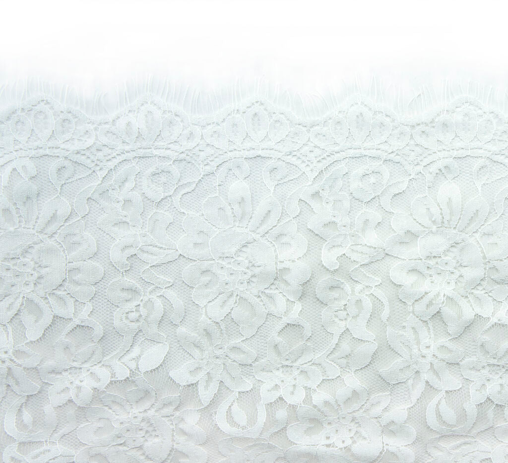 Fine pattern wide corded lace in white displayed on a flat surface.