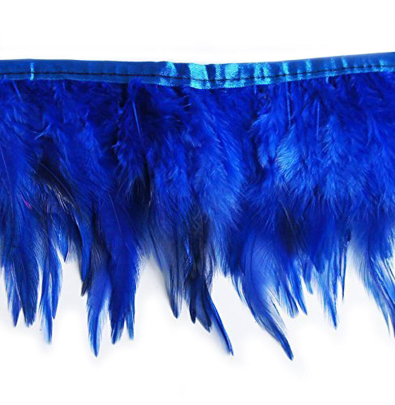 Close-up of blue natural rooster feather fringe trim.