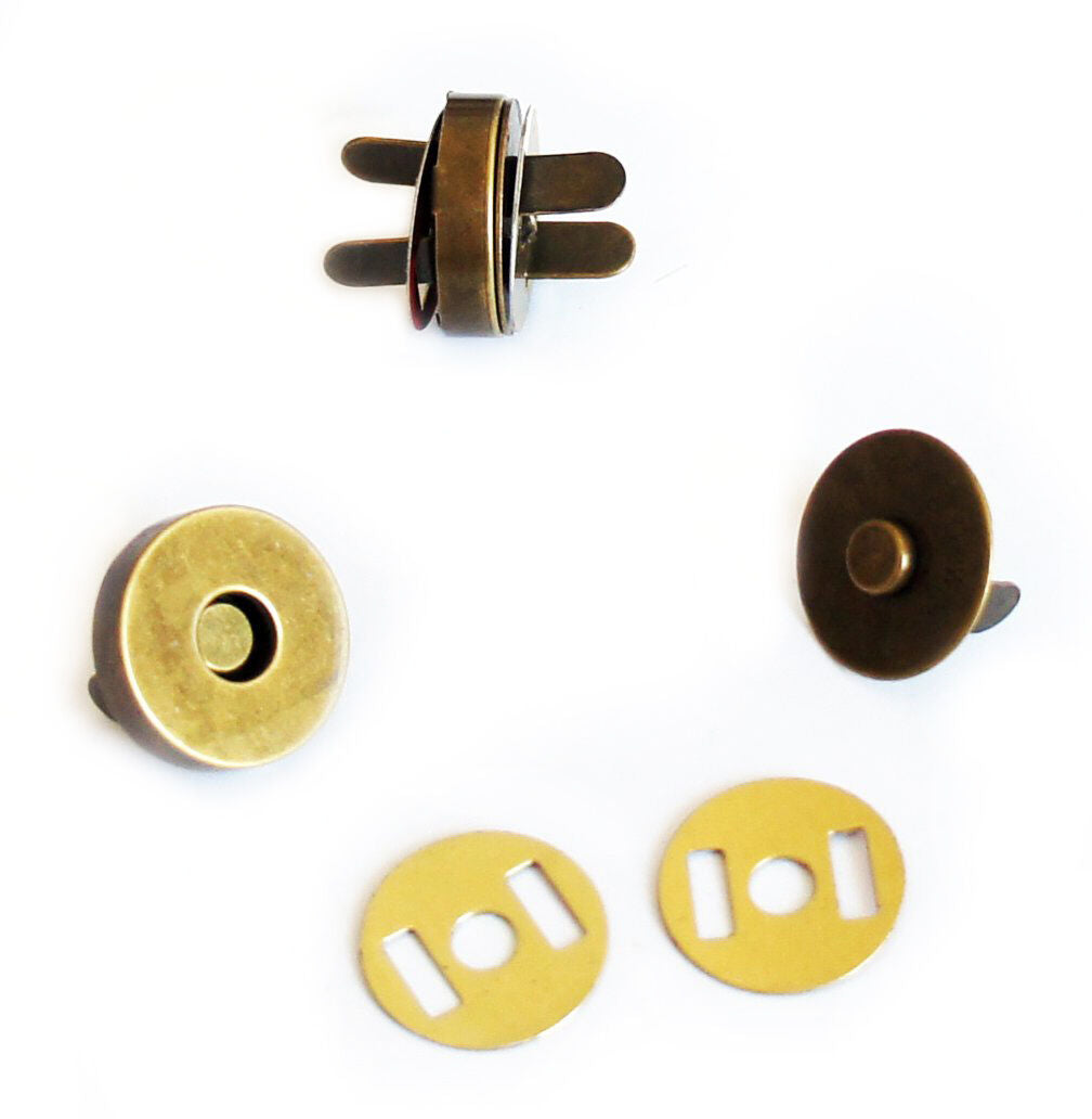 Set of 10 antique gold magnetic buttons displayed on a white background