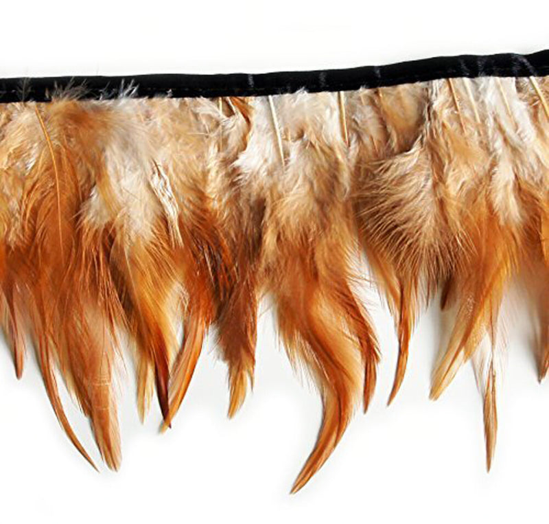 Natural brown and white rooster feather fringe trim on a roll.
