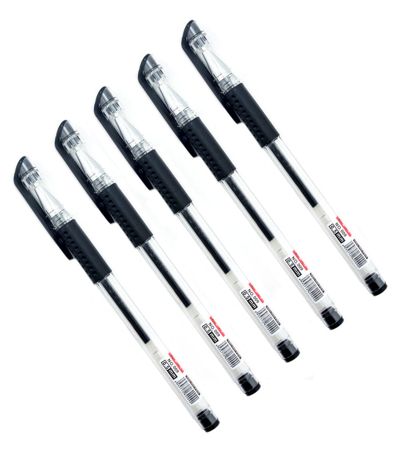 Five black gel pens with 0.5 mm tips arranged on a white background.