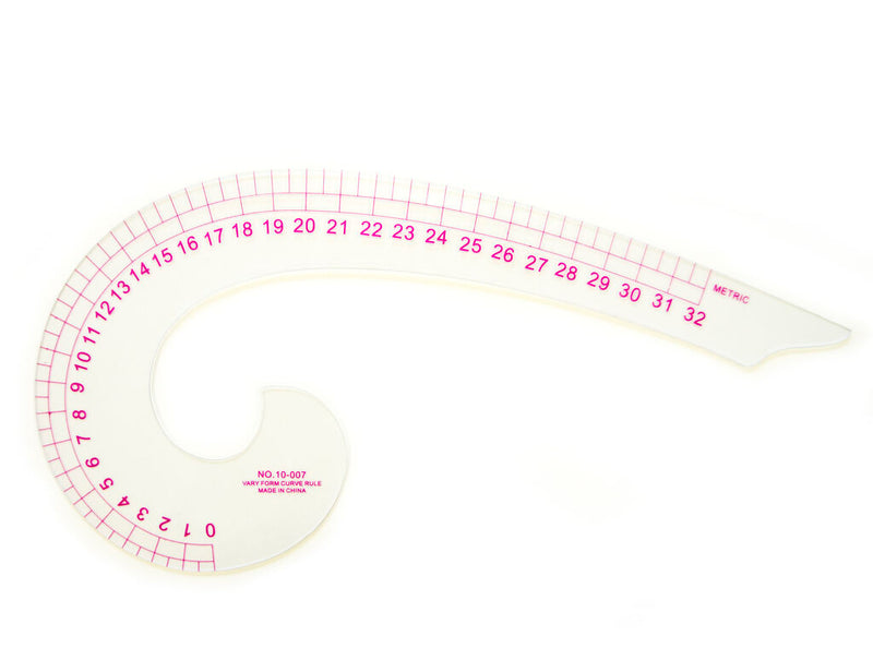 Multi purpose curve line pattern ruler showing centimetre markings.