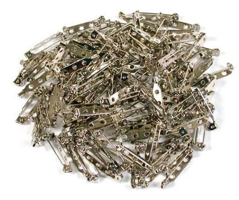 Pack of 100 safety lock brooch pins in a clear container.