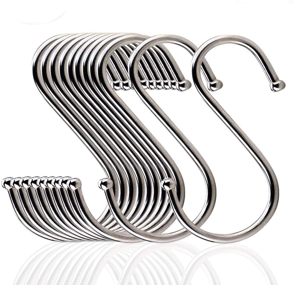 Pack of 10 stainless steel S hooks, each 3 inches long