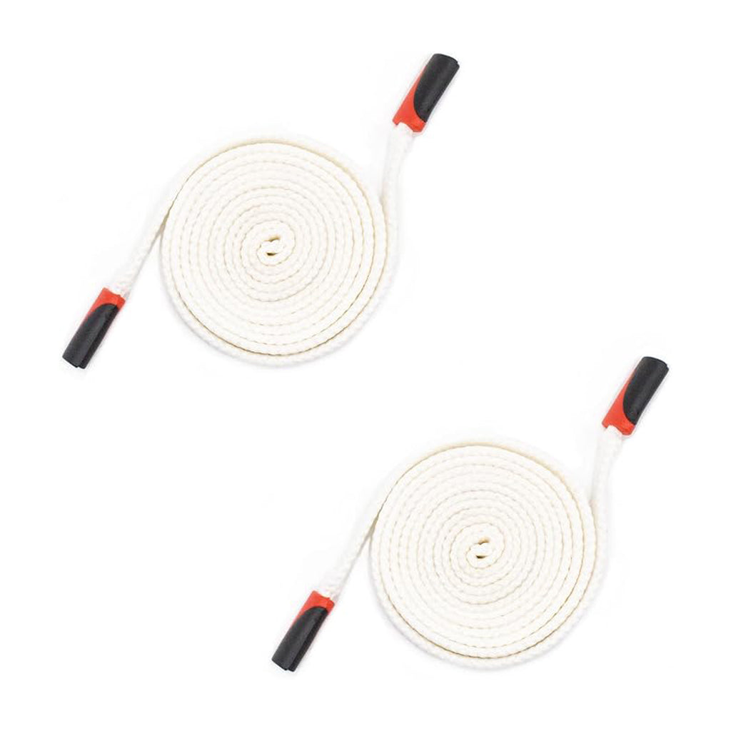 Two white nylon hoodie replacement drawstring cords with black and red ends.