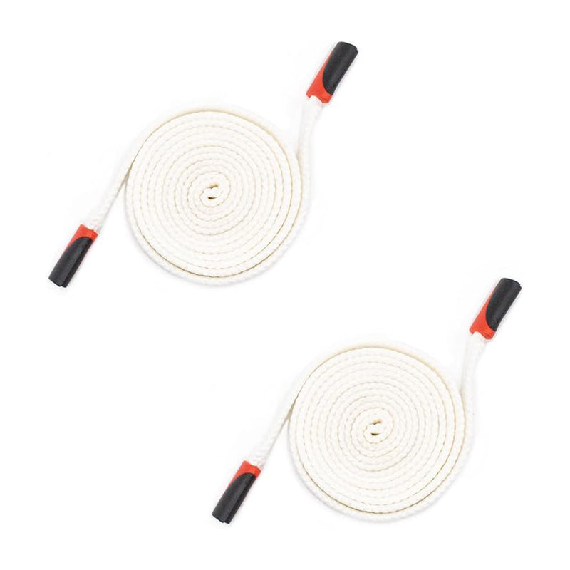Two white nylon hoodie replacement drawstring cords with black and red ends.