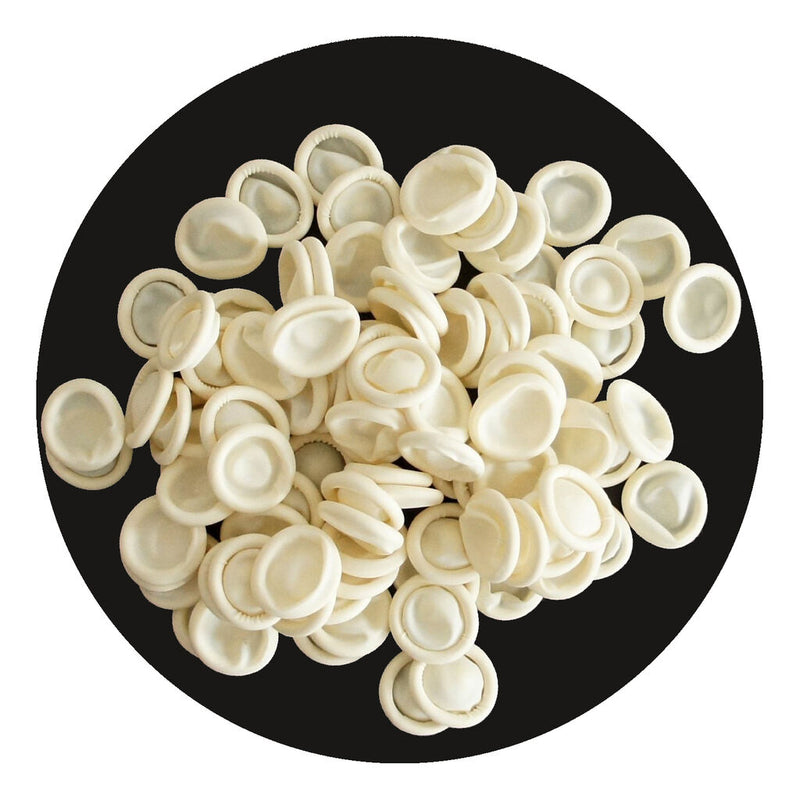 Pack of 1000 disposable off white rubber latex finger cots.