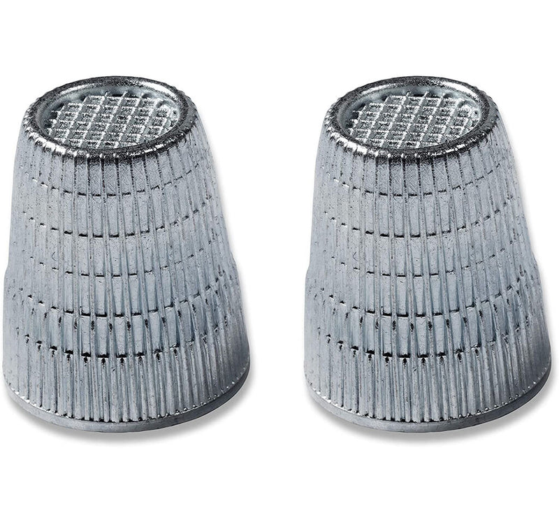 Two Slip-Stop silver finger tip thimbles on a white background.