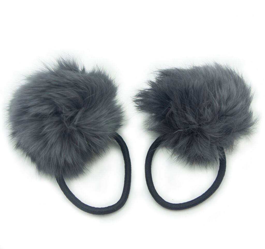 A Pair of Lovely Pom Pom Hair Bands, Decorative Pom Poms w/Band - 2 (Dark Grey)