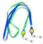 Smiley face retractable ID badge neck strap in various colours.