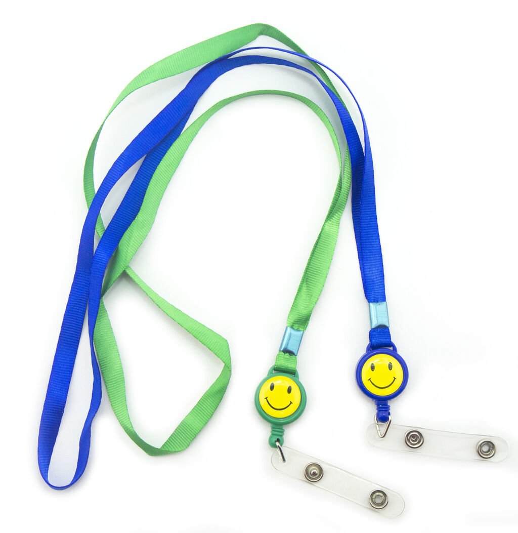 Smiley face retractable ID badge neck strap in various colours.