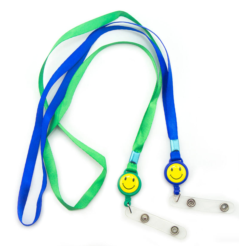 Smiley face retractable ID badge neck strap in various colours.