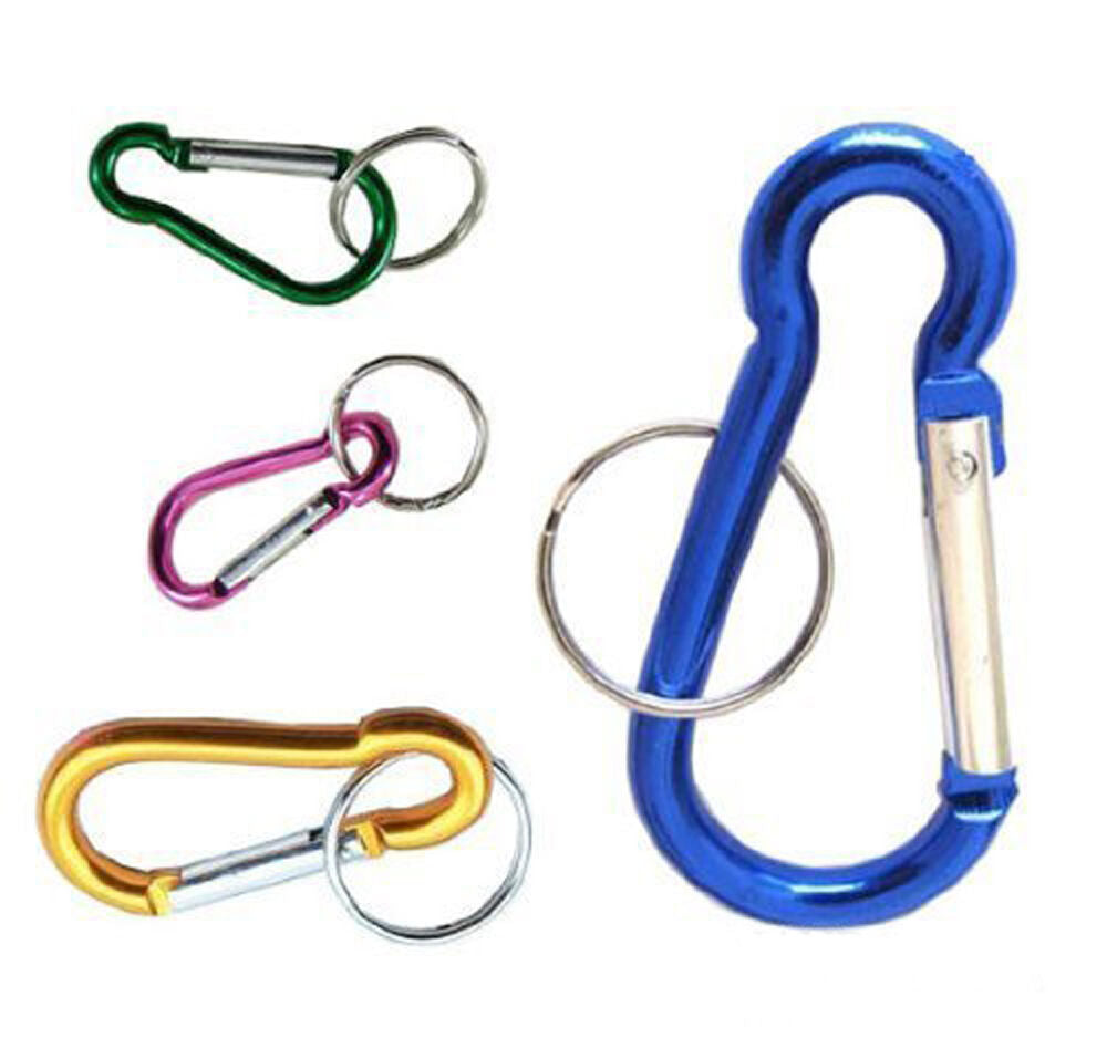 Four carabiner spring snap link hooks displayed together.