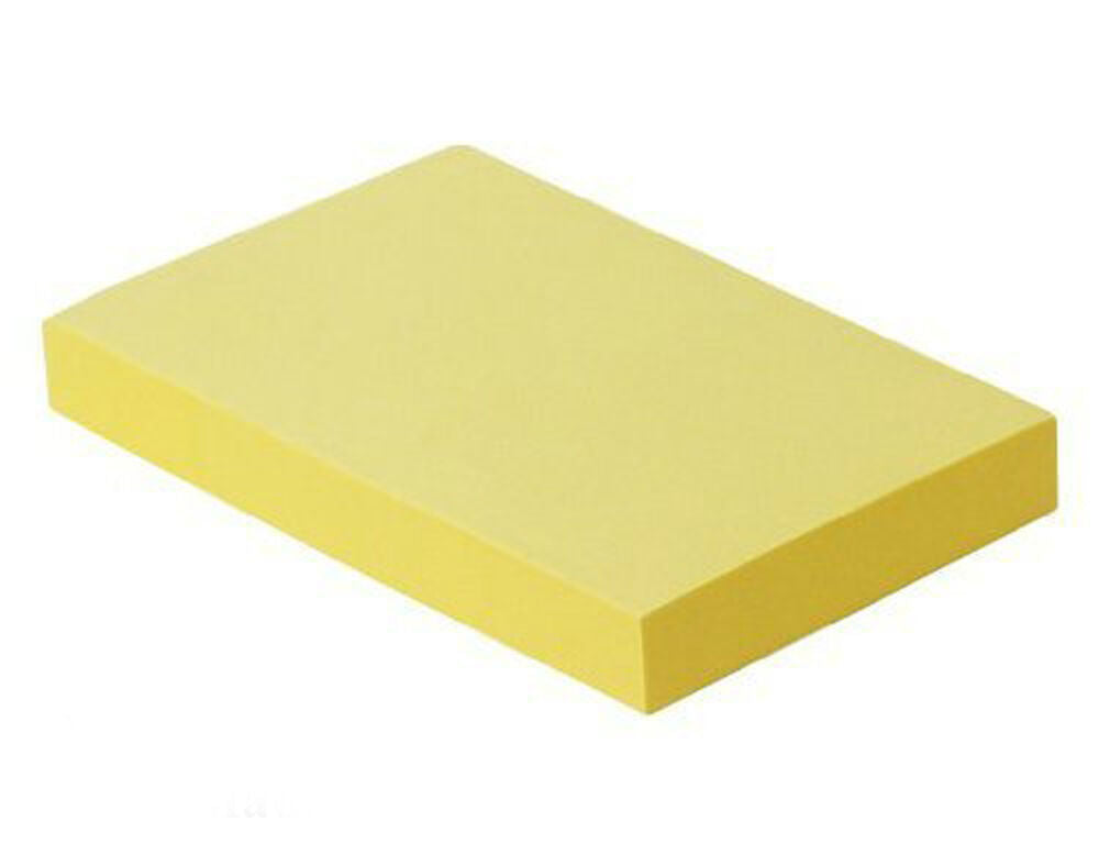 Five packs of canary yellow sticky notes, 100 sheets each, displayed together.