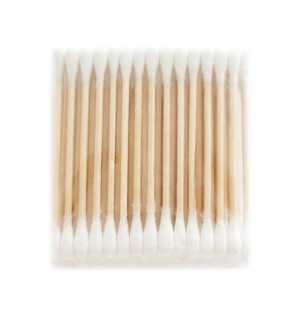 Three packs of double end wooden grip cotton swab buds in white.