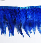 Full view of 4.5 inch blue rooster feather fringe on a 2 metre strip.