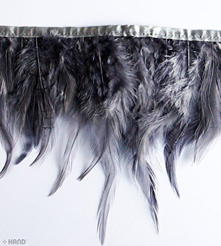 Full view of 2 metre length of grey rooster feather fringe.