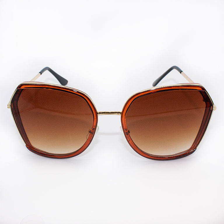 Close-up of sunglasses showcasing UV400 protection and stylish design.