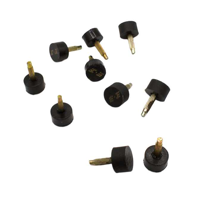 Close-up of high heel tips showing metal dowels for secure fitting.