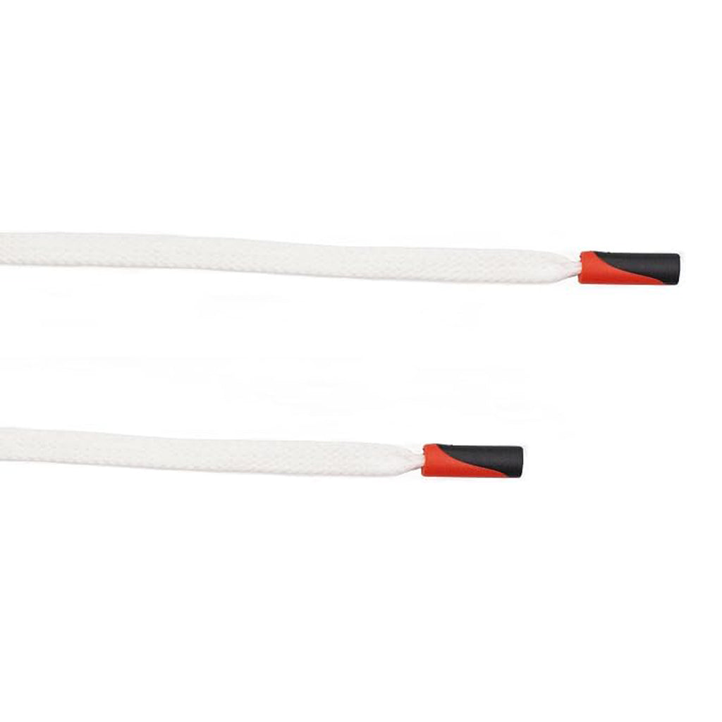 Close-up of the black and red cord ends on the white nylon drawstring.